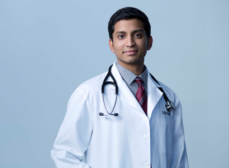 Young Indian doctor in white coat with stethoscope at LECOM