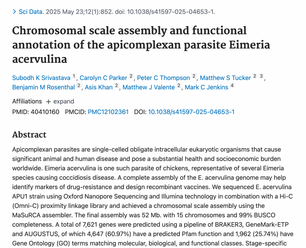 Chromosomal scale assembly and functional annotation of the apicomplexan parasite Eimeria acervulina.