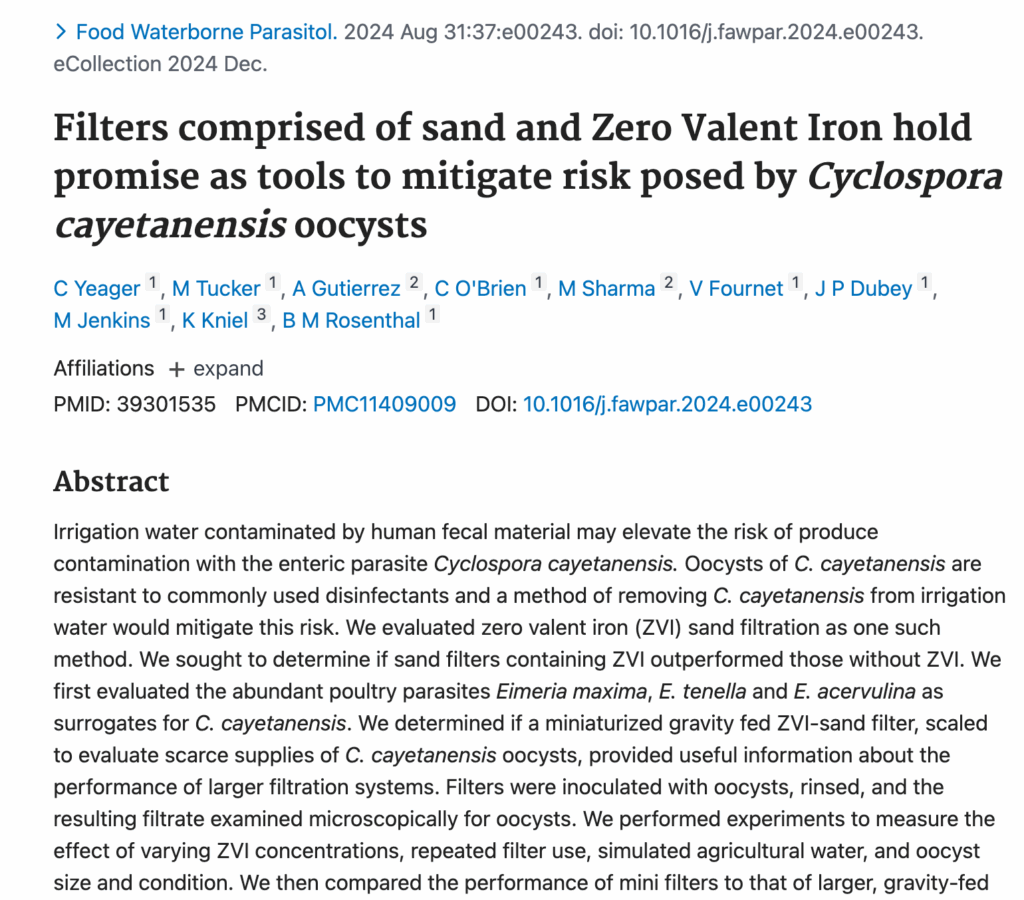 Filters comprised of sand and Zero Valent Iron hold promise as tools to mitigate risk posed by Cyclospora cayetanensis oocysts.