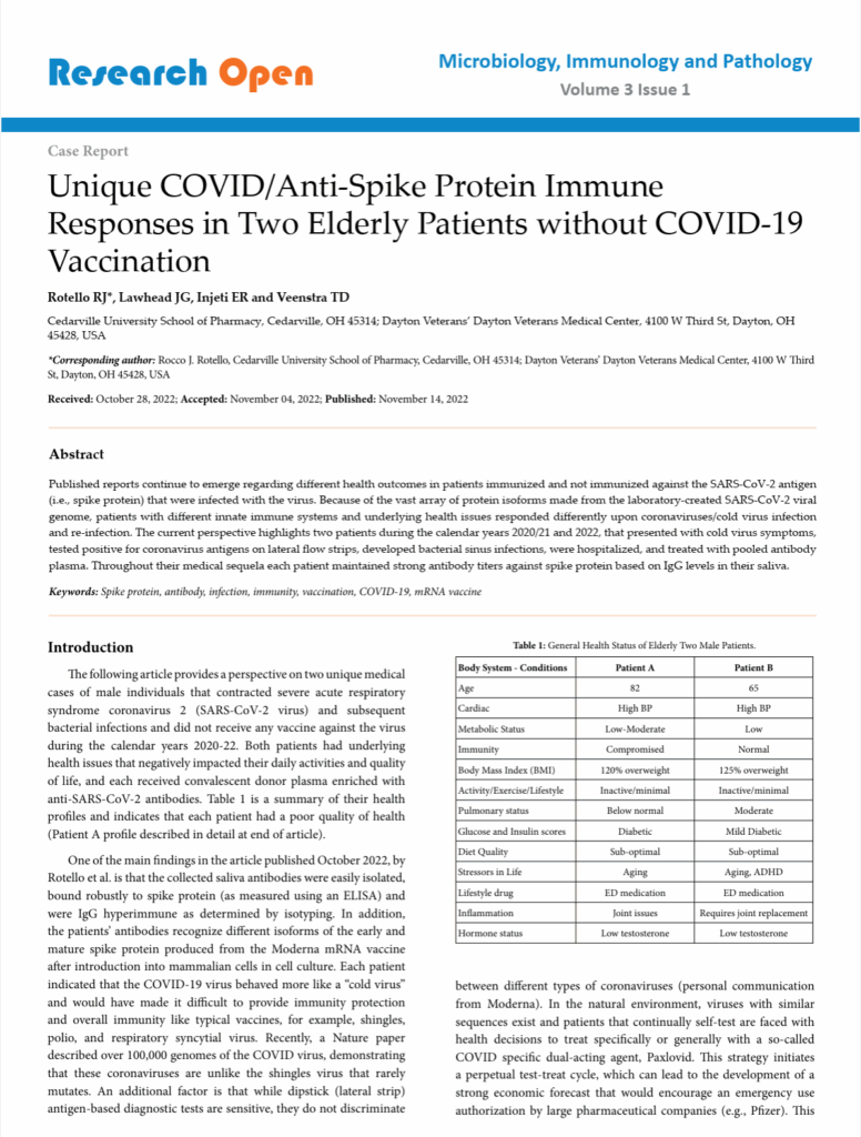 Unique COVID/Anti-Spike Protein Immune Responses in Two Elderly Patients without COVID-19 Vaccination.