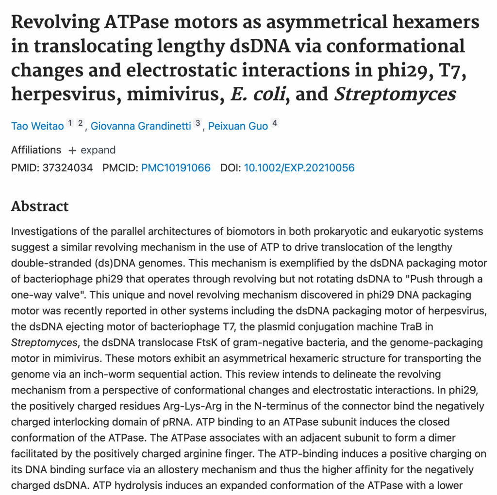Revolving ATPase motors as asymmetrical hexamers in translocating lengthy dsDNA via conformational changes and electrostatic interactions in phi29, T7, herpesvirus, mimivirus, E. coli, and Streptomyces